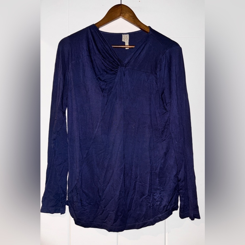 XCVI Peplum Twist Front Navy Long Sleeve Blouse Work Career Office Women XL